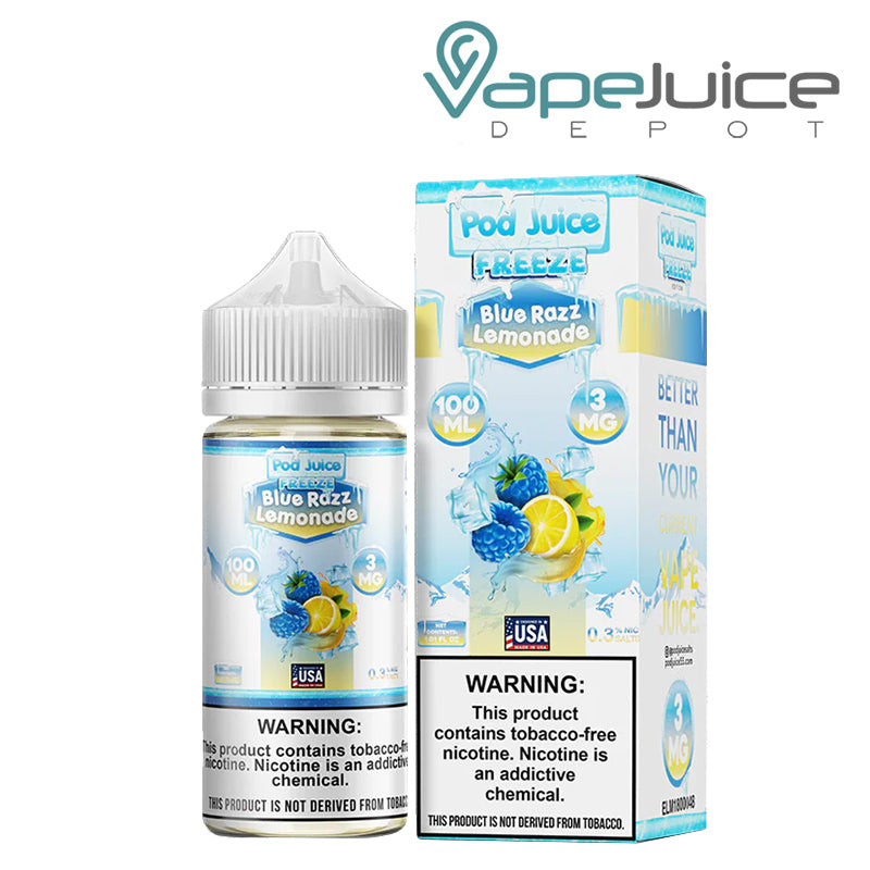 A 100ml bottle of Blue Razz Lemonade Freeze Pod Juice TFN with a warning sign and a box next to it - Vape Juice Depot