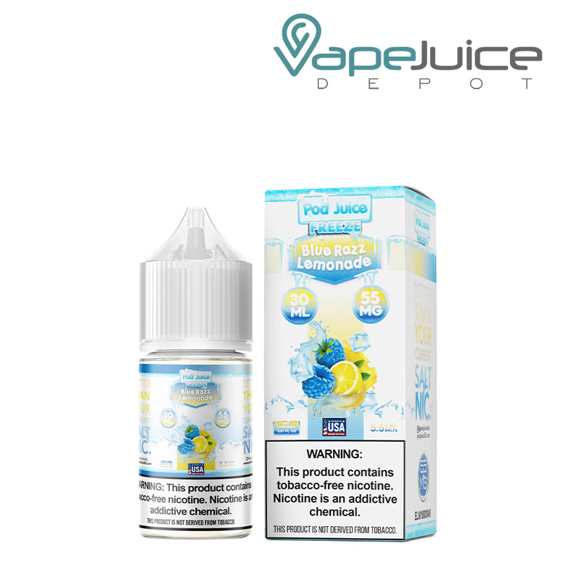 30ml bottle of Blue Razz Lemonade Freeze Pod Juice TFN Salt with a warning sign and a box next to it - Vape Juice Depot