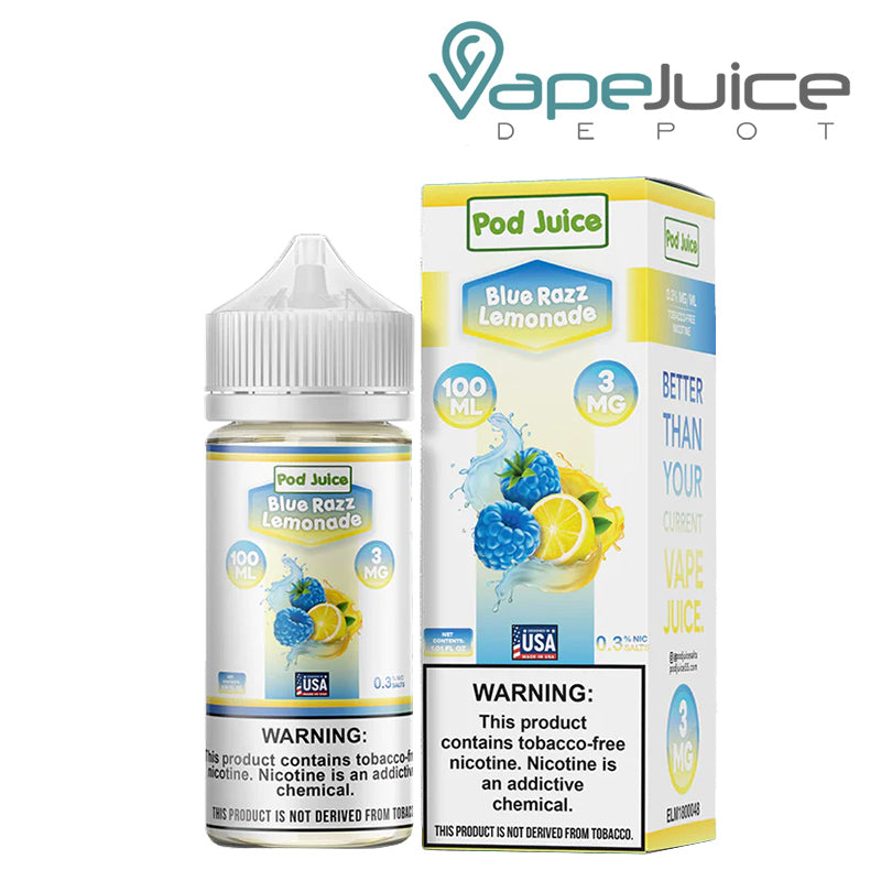 A 100ml bottle of Blue Razz Lemonade Pod Juice TFN with a warning sign and a box next to it - Vape Juice Depot