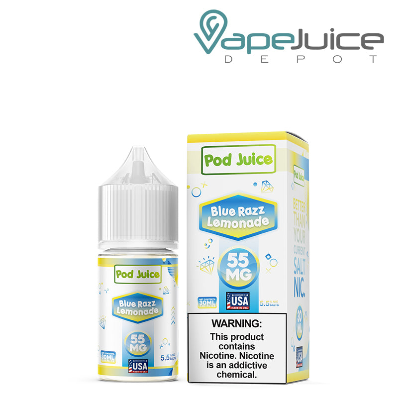 A 30ml bottle of Blue Razz Lemonade Pod Juice TFN Salt and a box with a warning sign next to it - Vape Juice Depot