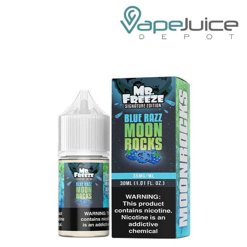 A 30ml bottle of Blue Razz Moonrocks Mr Freeze Salts and a box with a warning sign next to it - Vape Juice Depot