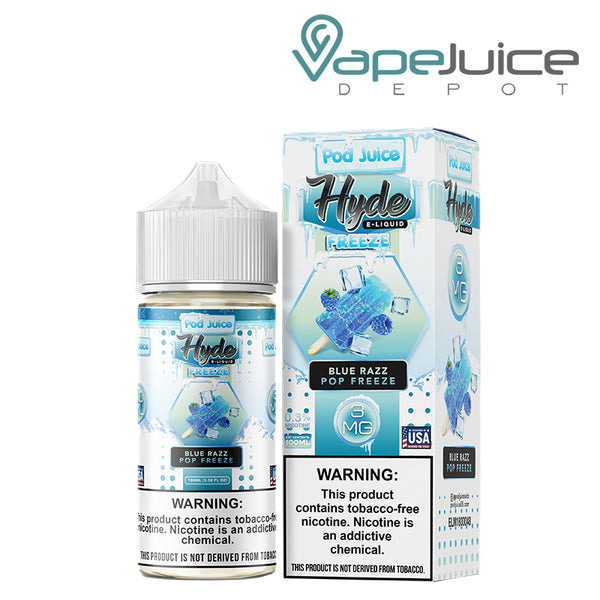 A bottle of Blue Razz Freeze Hyde Pod Juice TFN with a warning sign and a box with a warning sign next to it - Vape Juice Depot