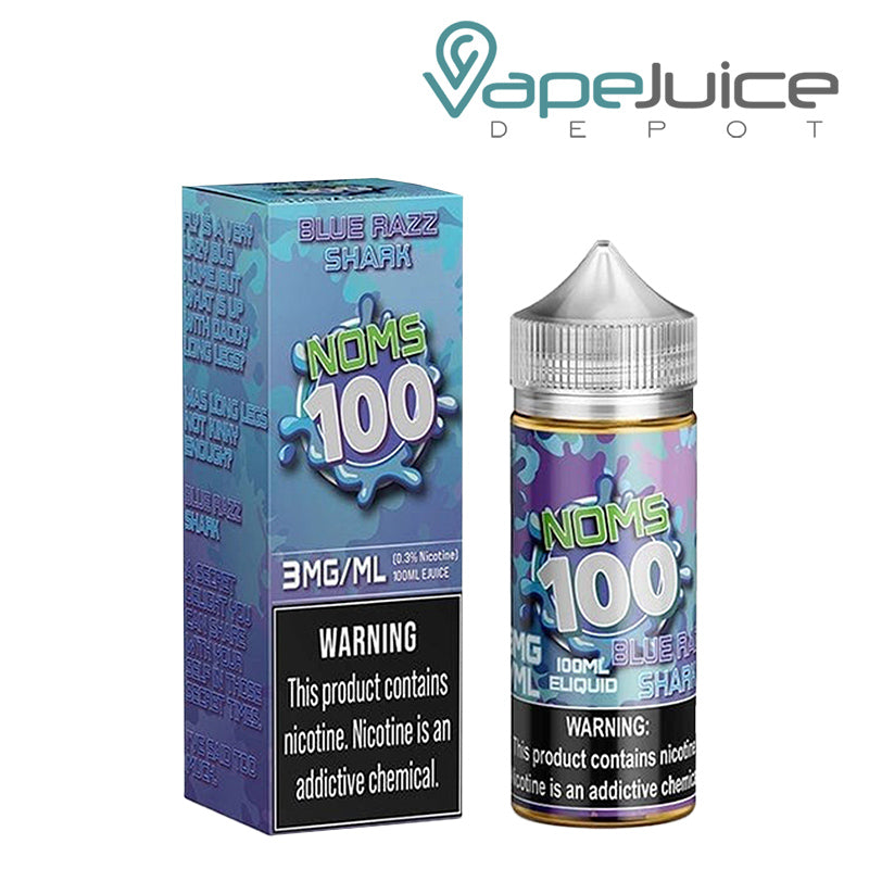 A Box of Blue Razz Shark Noms 100 Series eLiquid with a warning a sign next to a 100ml bottle - Vape Juice Depot