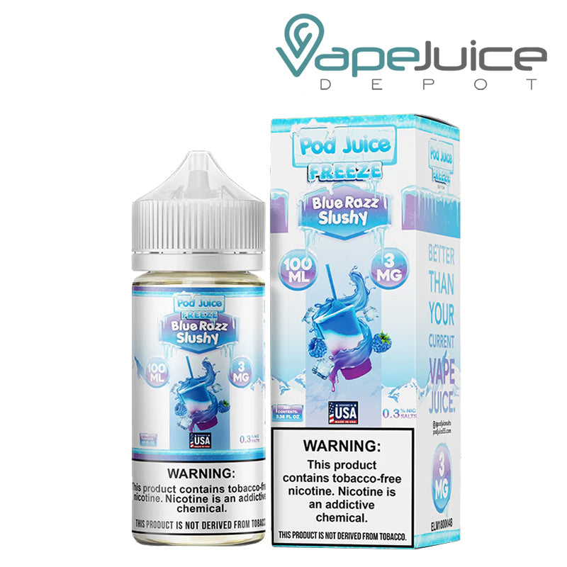 A 100ml bottle of Blue Razz Slushy Freeze Pod Juice TFN with a warning sign and a box next to it - Vape Juice Depot