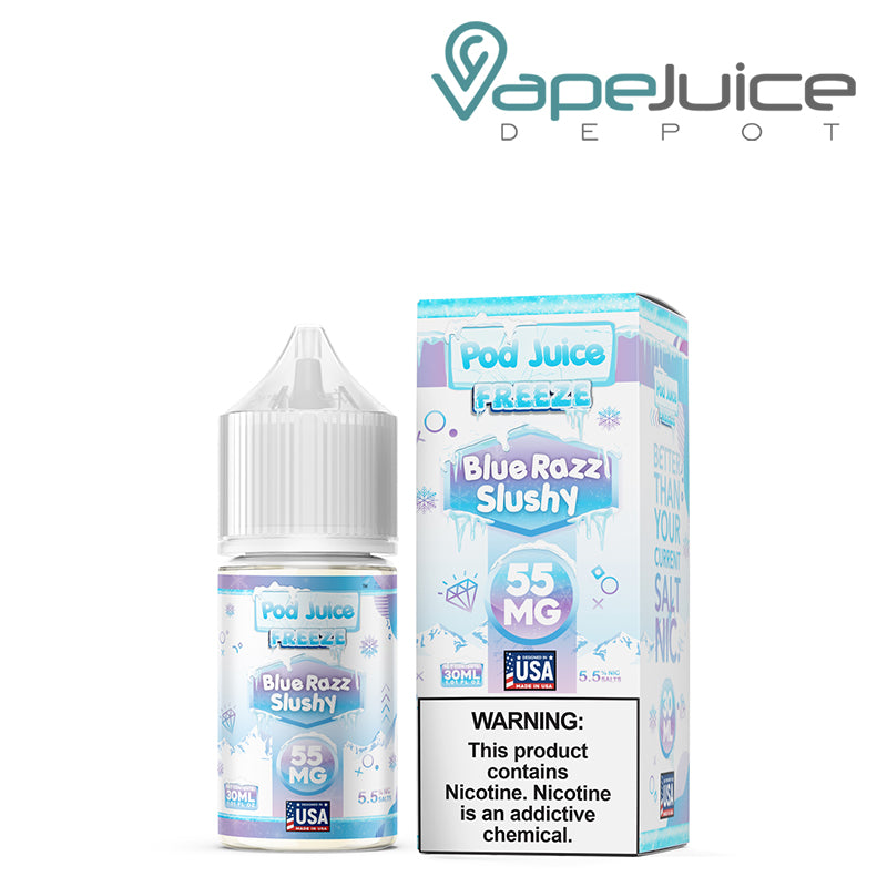 A 30ml bottle of Blue Razz Slushy Freeze Pod Juice TFN Salt and a box with a warning sign next to it - Vape Juice Depot