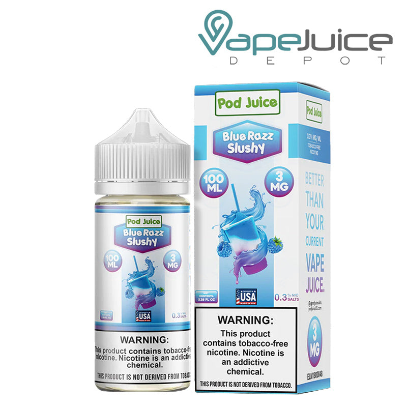 A 100ml bottle of Blue Razz Slushy Pod Juice TFN with a warning sign and a box next to it - Vape Juice Depot