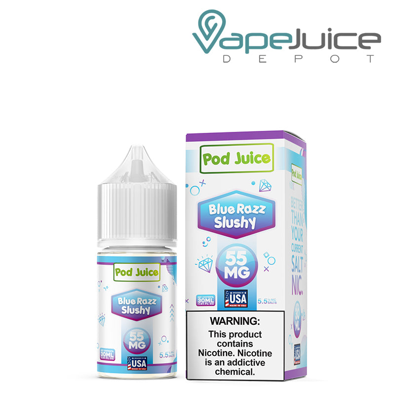 A 30ml bottle of Blue Razz Slushy Pod Juice TFN Salt and a box with a warning sign next to it - Vape Juice Depot