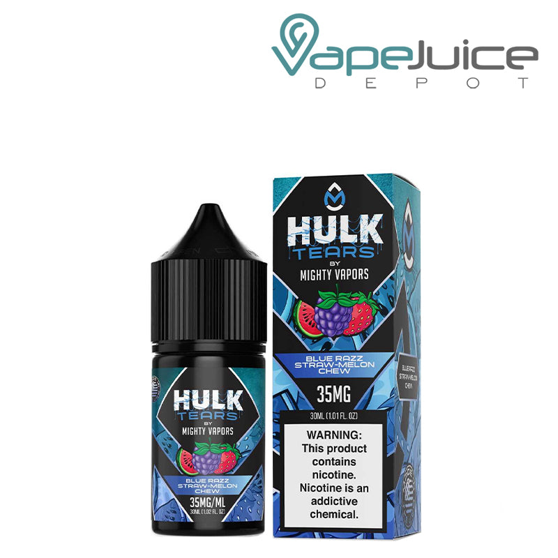 A 30ml Bottle of Blue Razz Straw Melon Chew Hulk Tears Salts next to its box with a warning sign - Vape Juice Depot