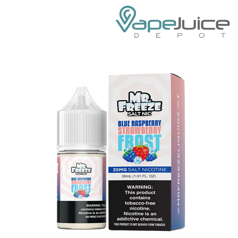 Blue Razz Strawberry Frost Mr Freeze Salts 30ml bottle next to its box with a warning sign - Vape Juice Depot