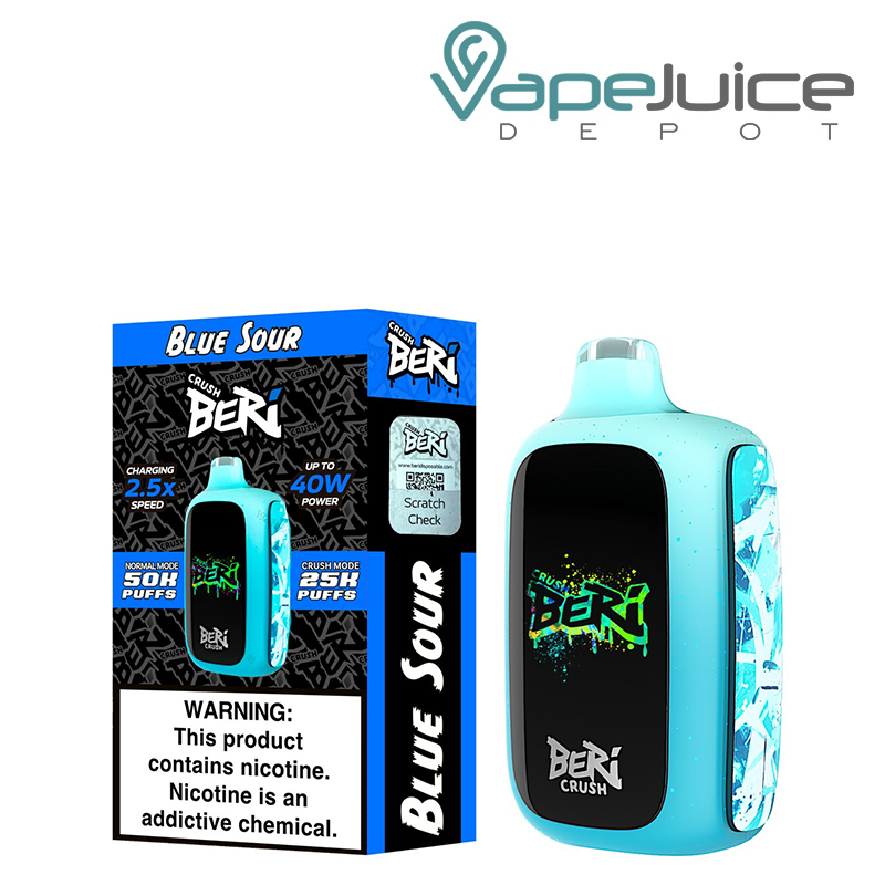 A Box of Blue Sour Beri Crush 50K Disposable with a warning sign and a device with HD screen next to it - Vape Juice Depot