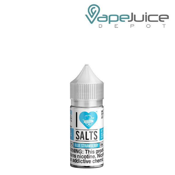 A 30ml bottle of Blue Strawberry I Love Salts by Mad Hatter with a warning sign - Vape Juice Depot