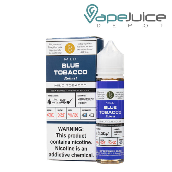 A box of Blue Tobacco Glas Basix Series with a warning sign and a 60ml bottle next to it - Vape Juice Depot