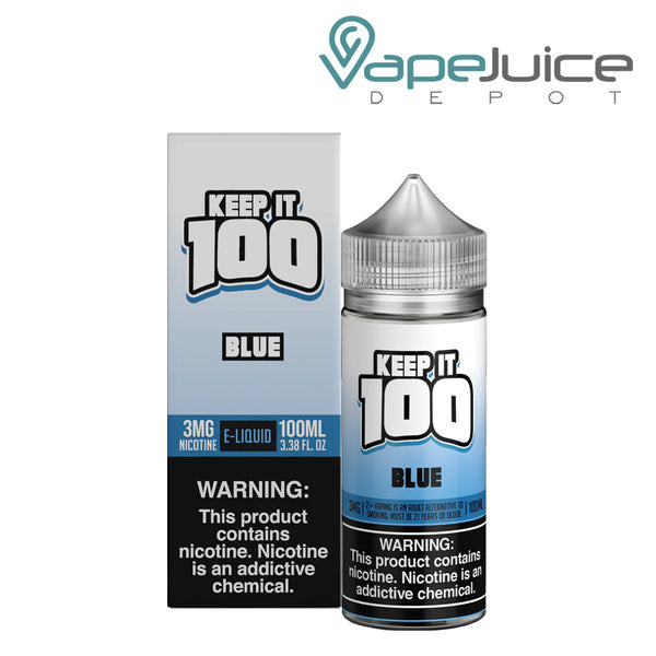 A box of Blue (OG Blue) Keep it 100 TFN eLiquid with a warning sign and a 100ml bottle next to it - Vape Juice Depot