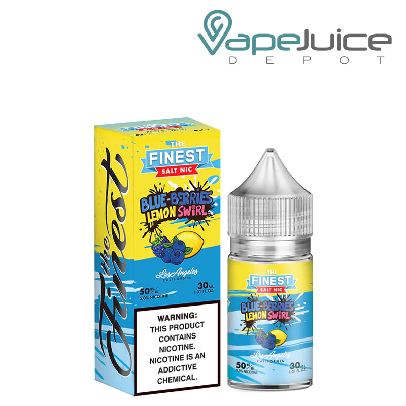 A box of BlueBerries Lemon Swirl The Finest SaltNic with a warning sign and a 30ml bottle next to it - Vape Juice Depot