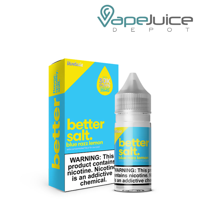 A box of Blue Razz Lemon Vapetasia Better Salt with a warning sign and a 30ml bottle next to it - Vape Juice Depot