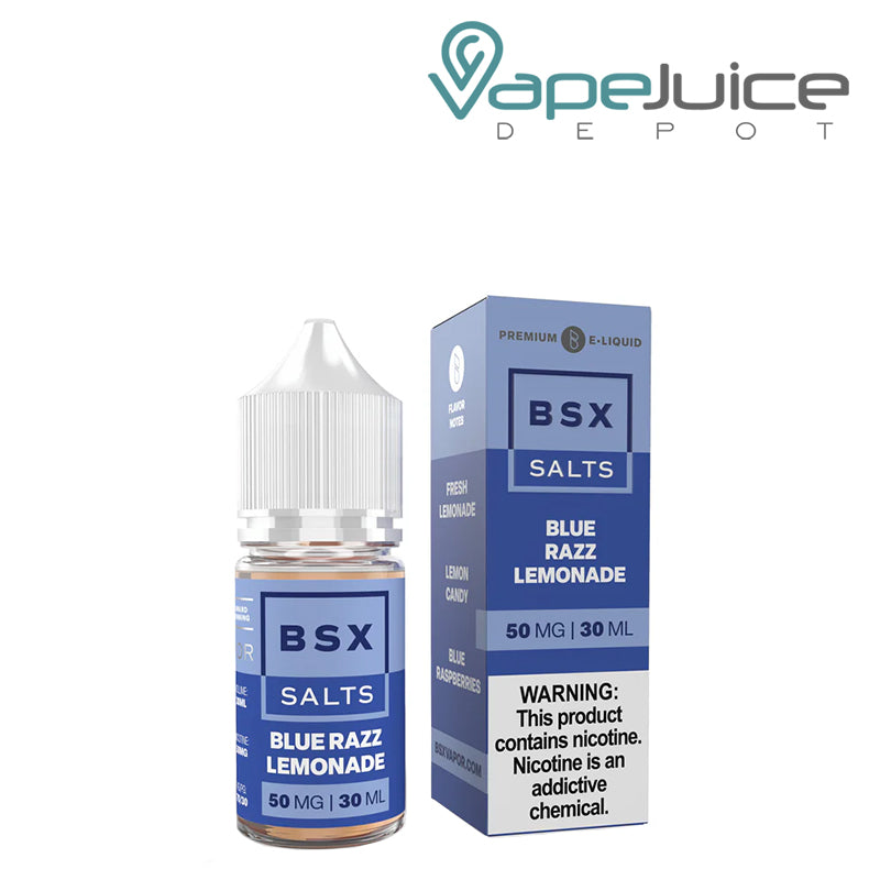 A 30ml bottle of Blue Razz Lemonade BSX Salts and a box with a warning sign next to it - Vape Juice Depot