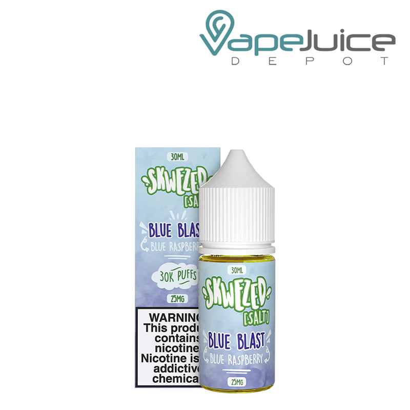 A Box of Blue Blast Skwezed Salt with a warning sign next to its 30ml bottle - Vape Juice Depot