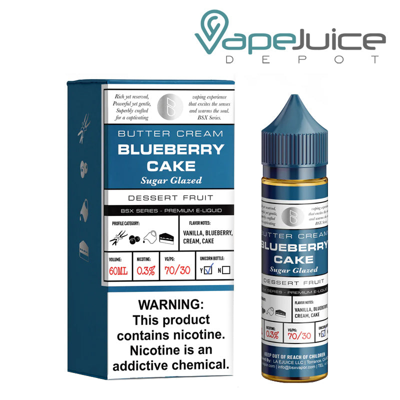 A box of Blueberry Cake Glas Basix Series with a warning sign and a 60ml bottle next to it - Vape Juice Depot