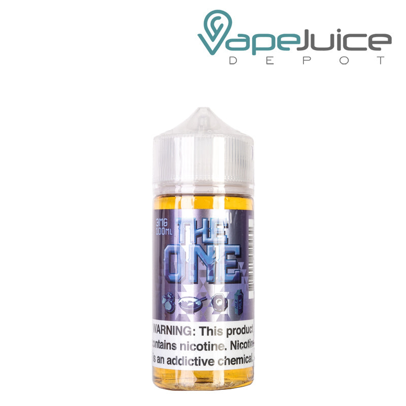 A 100ml bottle of Blueberry Cereal Donut Milk The One eLiquid with a warning sign - Vape Juice Depot