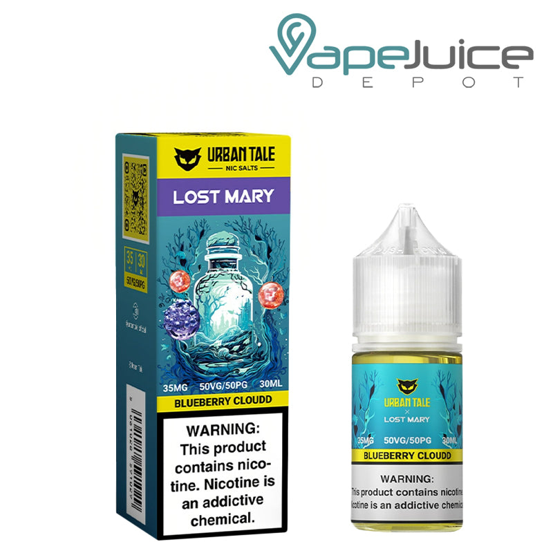 A Box of Blueberry Cloud Urban Tale x Lost Mary Salt 35mg with a warning sign and a 30ml bottle next to it - Vape Juice Depot