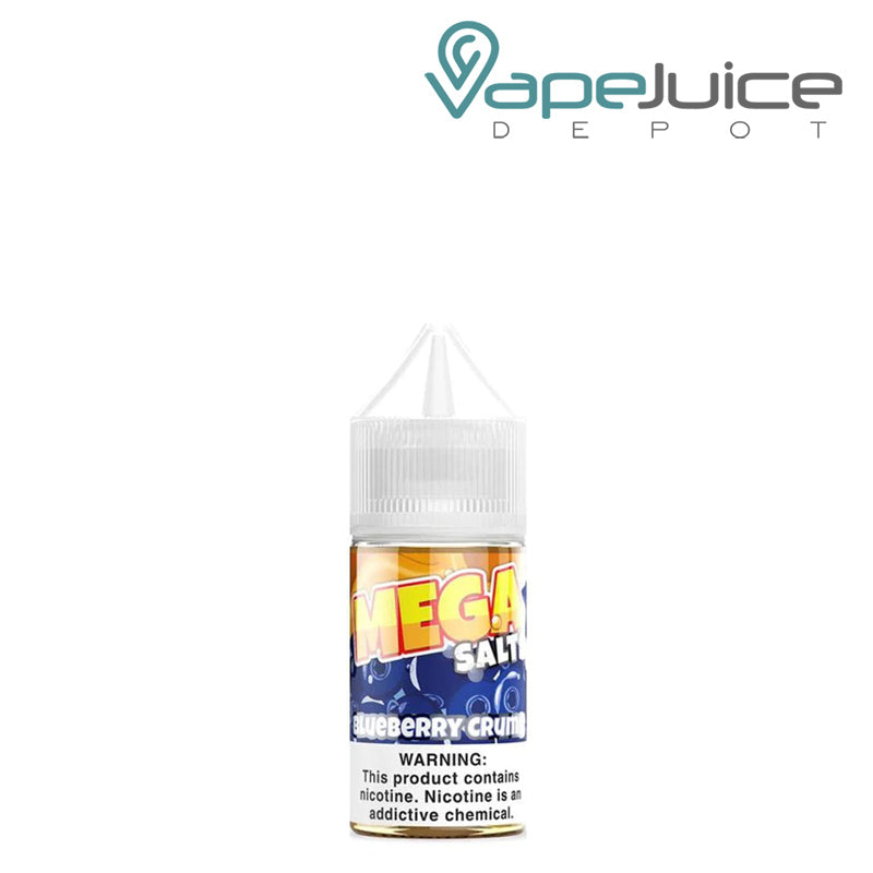 A 30ml bottle of Blueberry Crumb MEGA Salts eLiquid with a warning sign - Vape Juice Depot