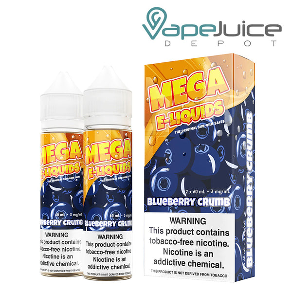Two 60ml bottles of Blueberry Crumb MEGA e-Liquids with a warning sign and a box next to it - Vape Juice Depot