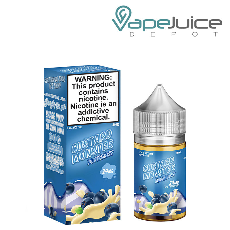 A box of Blueberry Custard Monster Salts with a warning sign and a 30ml bottle next to it - Vape Juice Depot