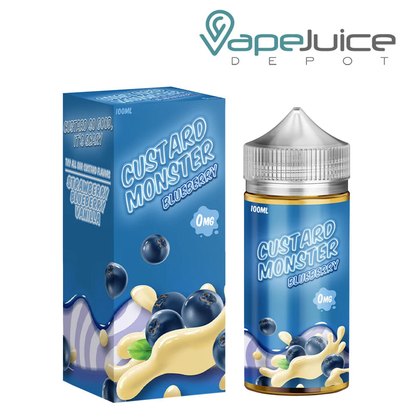 A box of Blueberry Custard Monster eLiquid and a 100ml bottle next to it - Vape Juice Depot