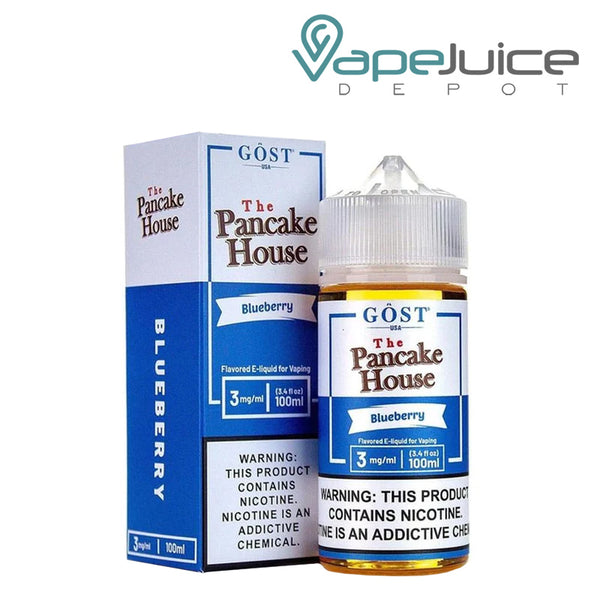 A box of Blueberry Flapjacks The Pancake House and a 100ml gorilla bottle with a warning sign next to it - Vape Juice Depot