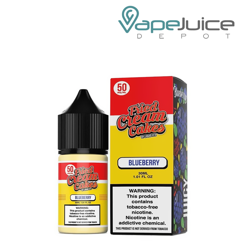 A 30ml bottle of Blueberry Fried Cream Cakes TFN Salts and a box with a warning sign next to it - Vape Juice Depot