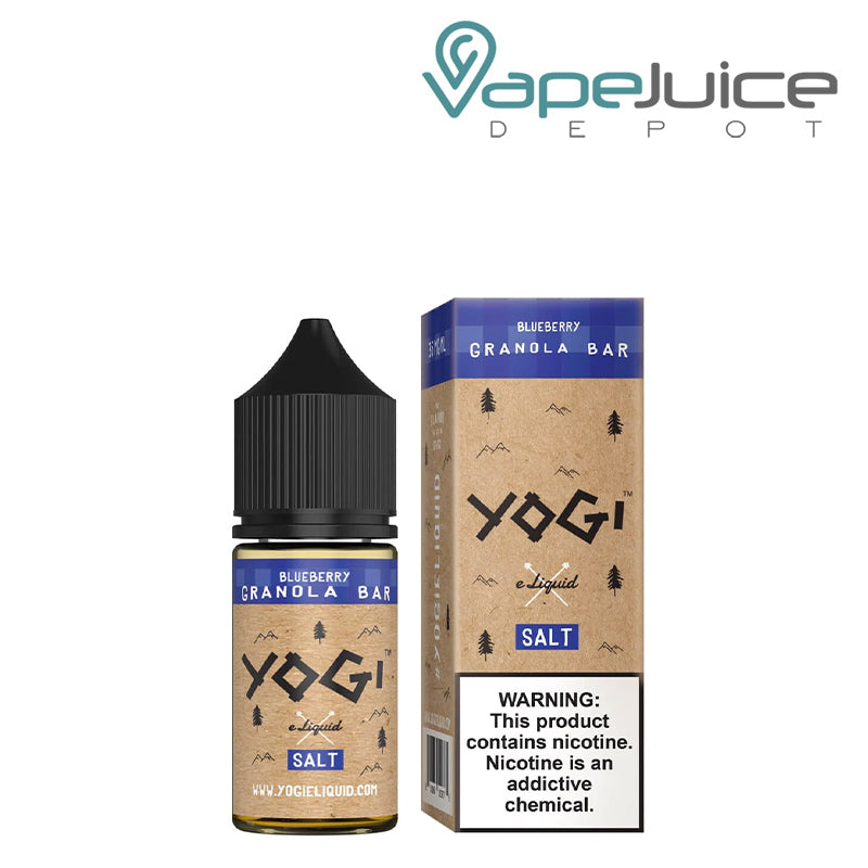 A 30ml bottle of Blueberry Granola Bar YOGI Salt with a warning sign and a box next to it - Vape Juice Depot