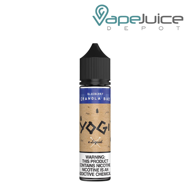 A bottle of Blueberry Granola Bar YOGI eLiquid 60ml with a warning sign - Vape Juice Depot