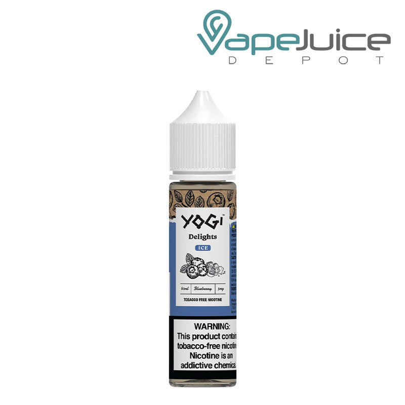 A bottle of Blueberry Ice YOGI Delights 60ml with a warning sign - Vape Juice Depot