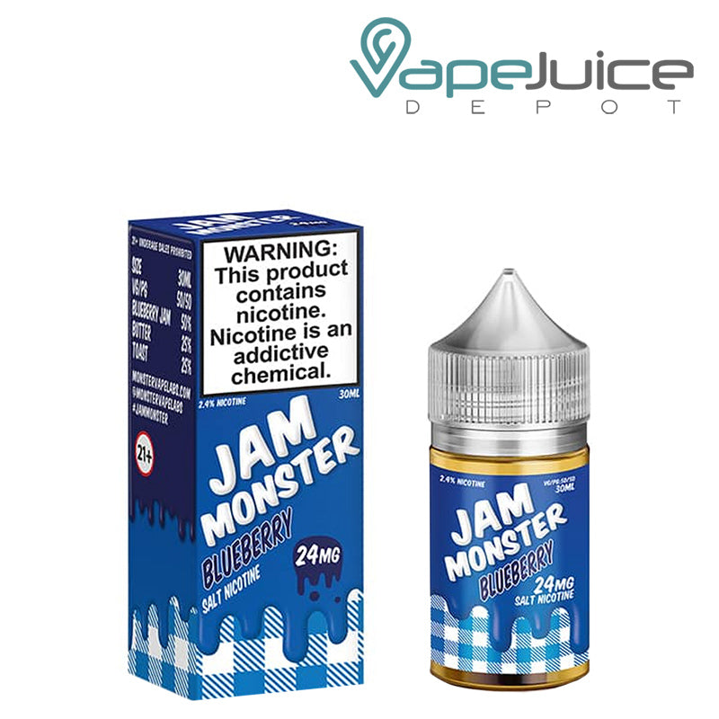 A box of Blueberry Jam Monster Salt with a warning sign and a 30ml bottle next to it - Vape Juice Depot