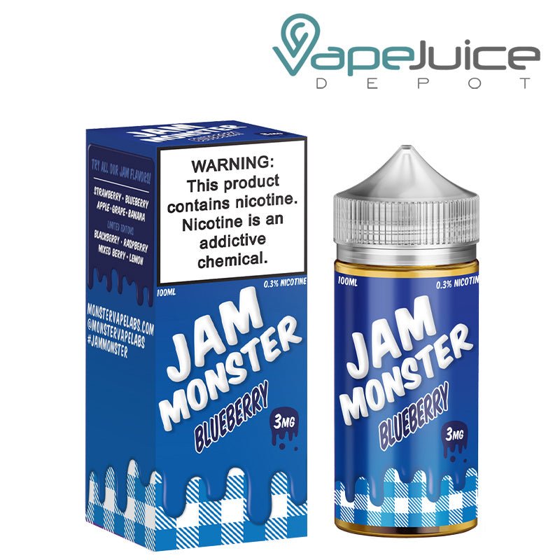 A box of Blueberry Jam Monster eLiquid with a warning sign and a 100ml bottle next to it - Vape Juice Depot