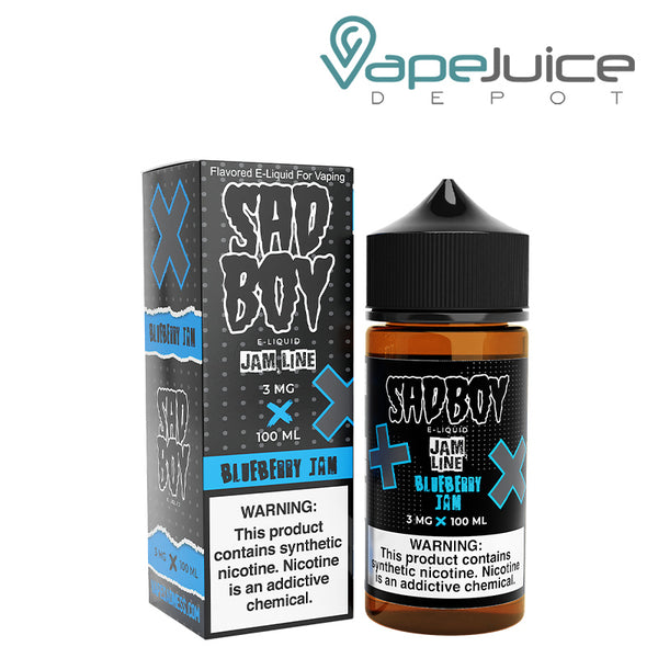 A box of SadBoy Blueberry Jam eLiquid with a warning sign and a 100ml bottle next to it - Vape Juice Depot