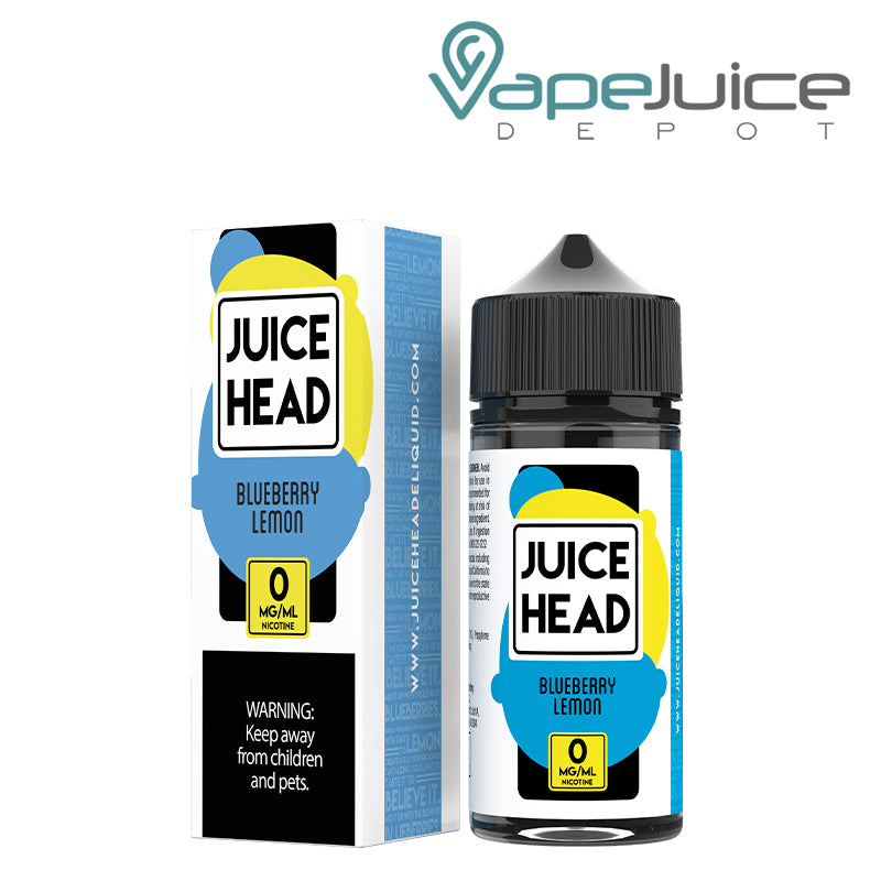 A box of 0mg Blueberry Lemon Juice Head with a warning sign and a 100ml bottle next to it - Vape Juice Depot