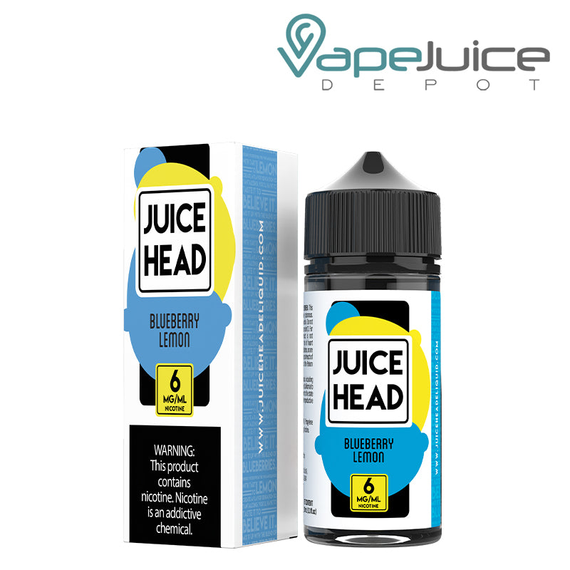 A box of 6mg Blueberry Lemon Juice Head with a warning sign and a 100ml bottle next to it - Vape Juice Depot