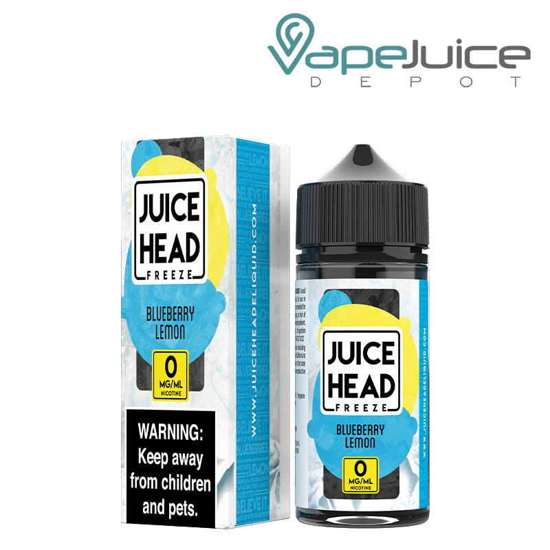 A box of 0mg Blueberry Lemon Juice Head Freeze with a warning sign and a 100ml bottle next to it - Vape Juice Depot