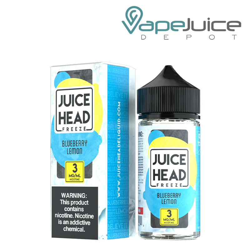 A box of 3mg Blueberry Lemon Juice Head Freeze with a warning sign and a 100ml bottle next to it - Vape Juice Depot