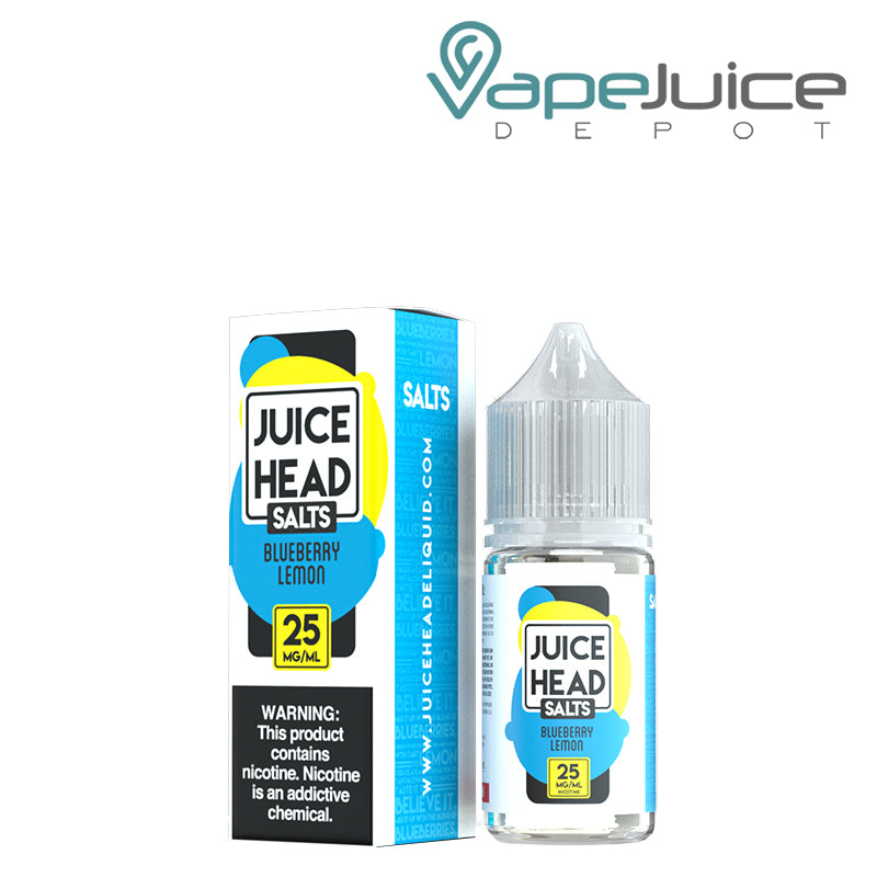 A box of 25mg Blueberry Lemon Salts Juice Head with a warning sign and a 30ml bottle next to it - Vape Juice Depot