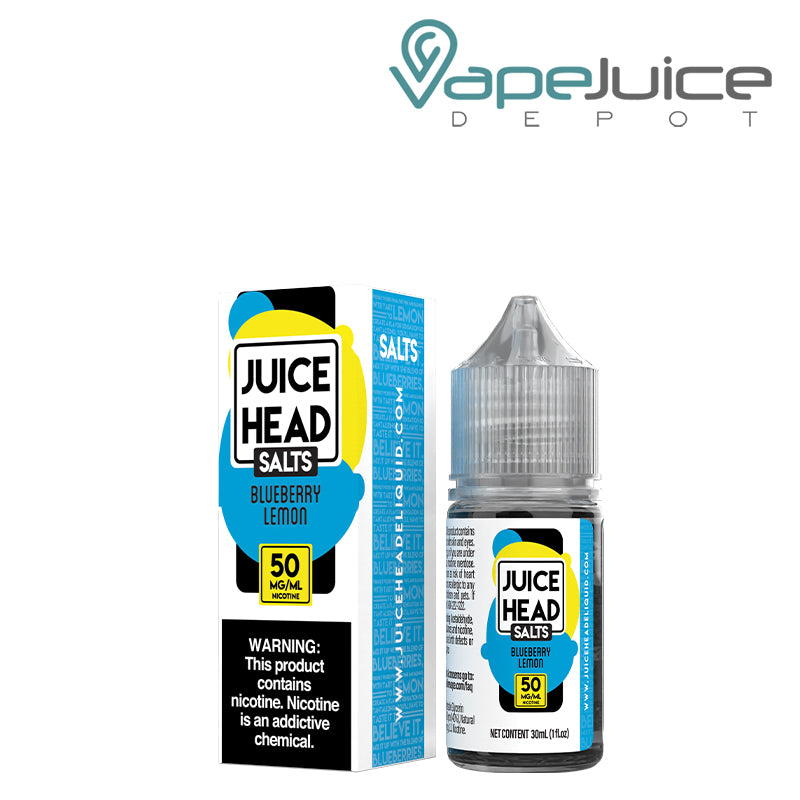 A box of 50mg Blueberry Lemon Salts Juice Head with a warning sign and a 30ml bottle next to it - Vape Juice Depot