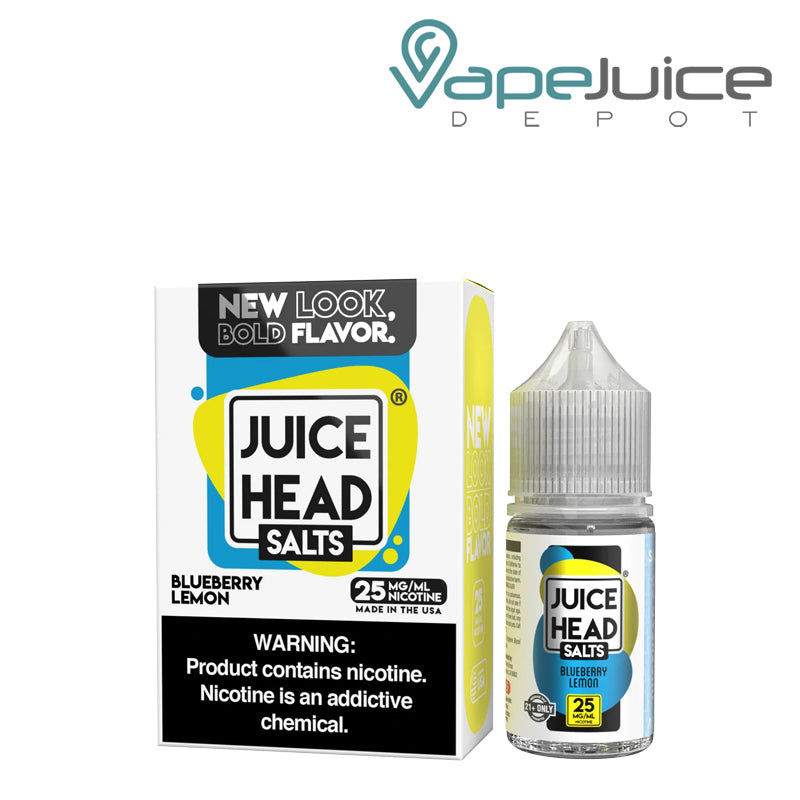 A Box of Blueberry Lemon Salts Juice Head with a warning sign and a 30ml bottle next to it - Vape Juice Depot