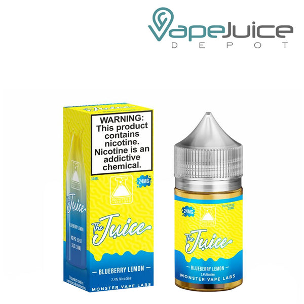 A box of Blueberry Lemon The Juice Monster Salts with a warning sign and a 30ml bottle next to it - Vape Juice Depot