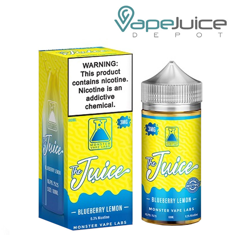 A box of Blueberry Lemon The Juice Monster with a warning sign and a 100ml bottle next to it - Vape Juice Depot