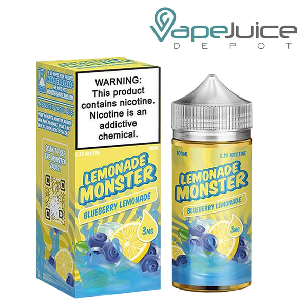A box of  Blueberry Lemonade Lemonade Monster with a warning sign and a 100ml bottle next to it - Vape Juice Depot