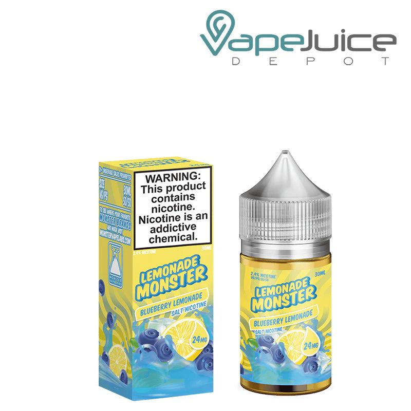 A box of Blueberry Lemonade Lemonade Monster Salt with a warning sign and a 30ml bottle next to it - Vape Juice Depot