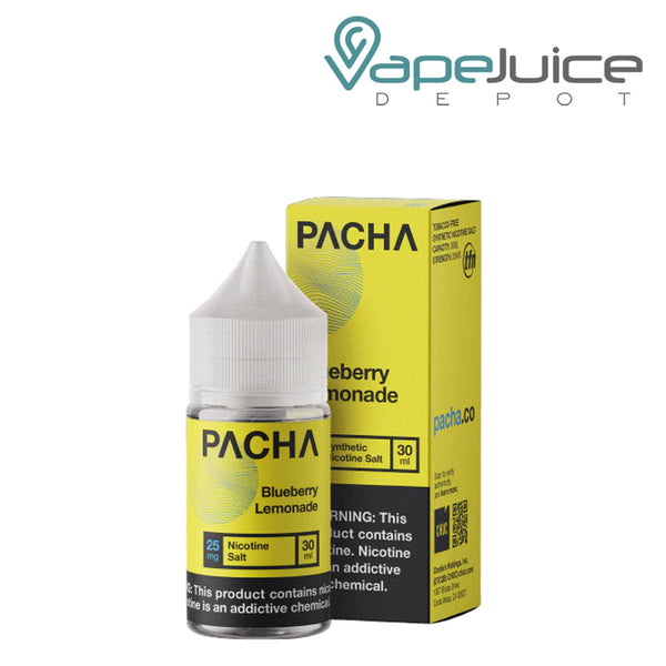 A 30ml bottle of Blueberry Lemonade PachaMama Salts with a warning sign and a box next to it - Vape Juice Depot