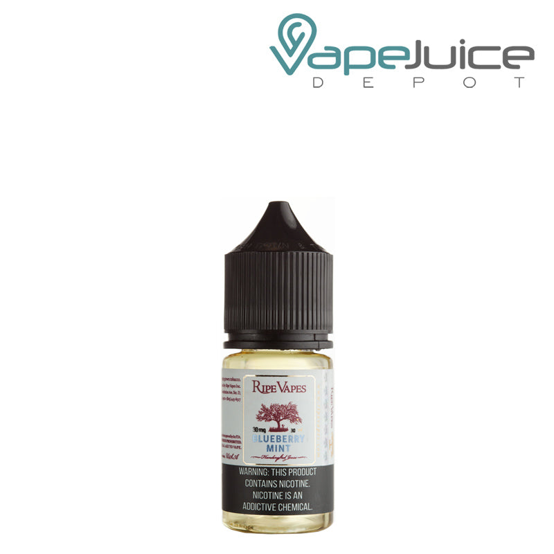 A 30ml bottle of Blueberry Mint Saltz Ripe Vapes with a warning sign - Vape Juice Depot