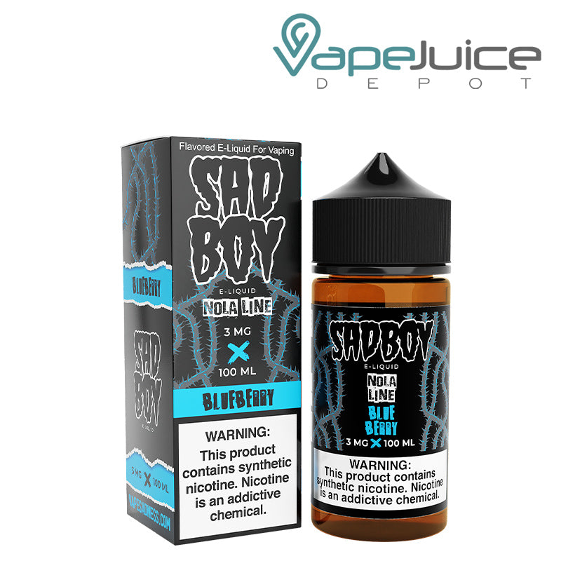 A box of Blueberry Nola SadBoy eLiquid with a warning sign and a 100ml bottle next to it - Vape Juice Depot